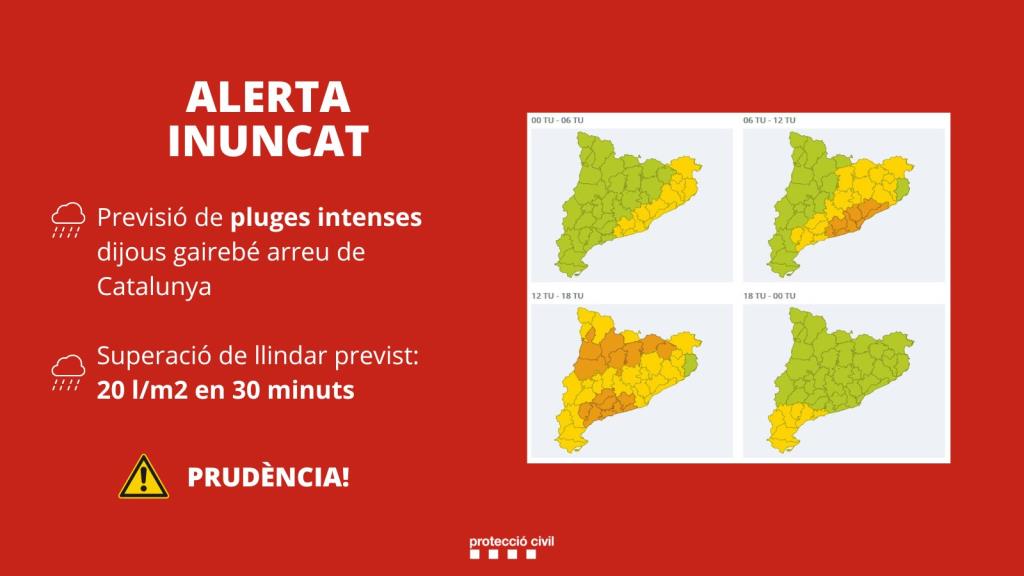 Protecció Civil activa l'alerta del pla l'INUNCAT per la previsió de pluges intenses dijous. EIX