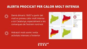 Protecció Civil activa l'ALERTA del PROCICAT per calor molt intensa i generalitzada demà dimarts. Generalitat de Catalunya
