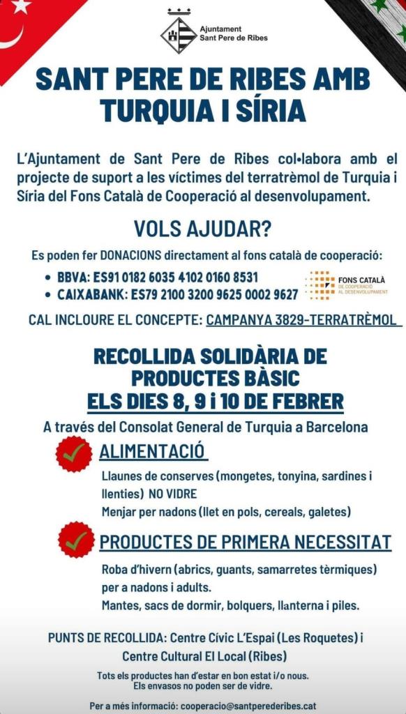 Sant Pere de Ribes inicia una campanya de recollida d’aliments i productes per als afectats pel terratrèmol de Turquia, Síria i Kurdistan. EIX