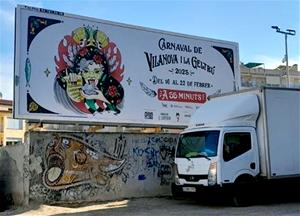 Un cartell publicitari del Carnaval de Vilanova instal·lat a Manresa. FAC