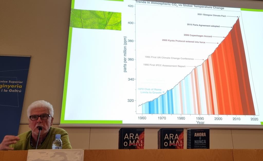 Xavier Soler, explicant un quadre on es pot veure l’augment de CO₂ a l’atmosfera i el canvi de les temperatures de 1960 a 2020. Josep Maria Ràfols