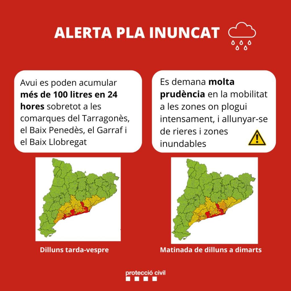 Activada l'alerta del pla INUNCAT per intensitat i acumulació de pluja al litoral i prelitoral del Penedès i Garraf. EIX