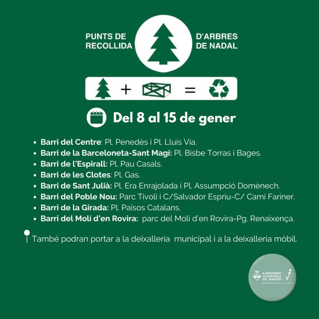 Del 8 al 15 de gener s’habilitaran punts de recollida d’arbres de Nadal en els diferents barris de Vilafranca. EIX