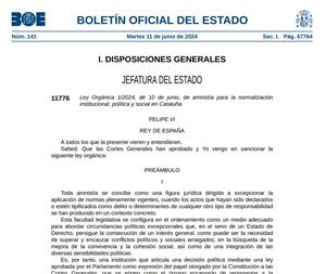 El BOE publica la llei d'amnistia i la norma entra en vigor. ACN
