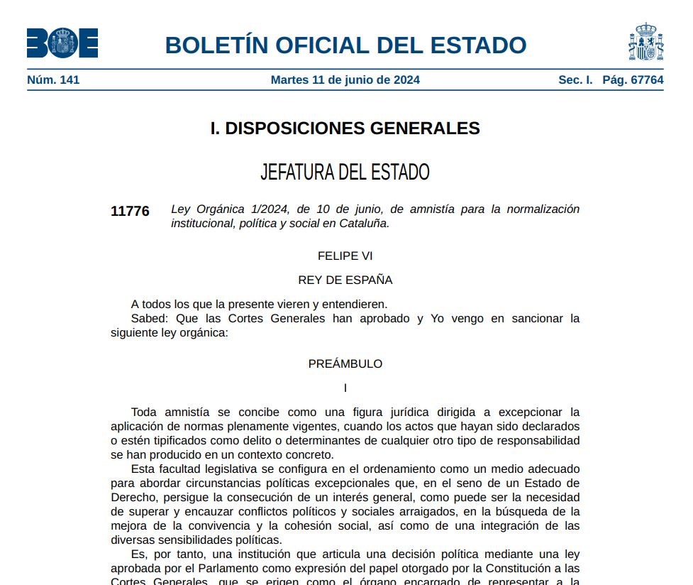 El BOE publica la llei d'amnistia i la norma entra en vigor. ACN