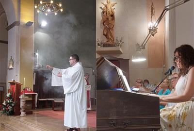Chiara Romano tocant l’orgue i Joan Rodríguez amb l’encens, a la Parròquia de Santa Maria de Cubelles. Eix