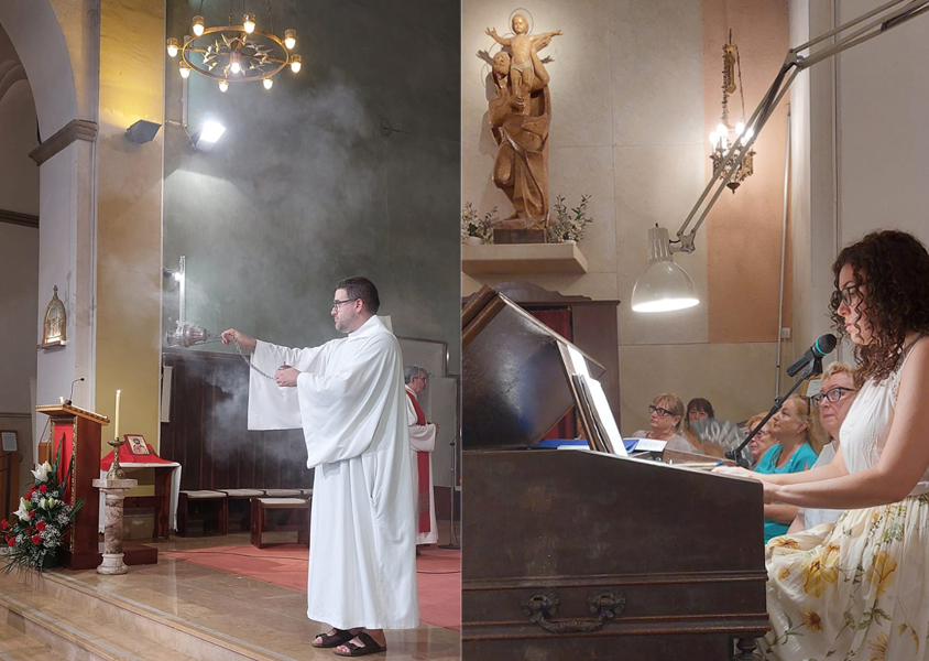 Chiara Romano tocant l’orgue i Joan Rodríguez amb l’encens, a la Parròquia de Santa Maria de Cubelles. Eix