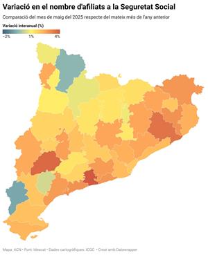 Els afiliats a la Seguretat Social augmenten un 2,3% interanual al maig i creixen en 41 comarques. ACN