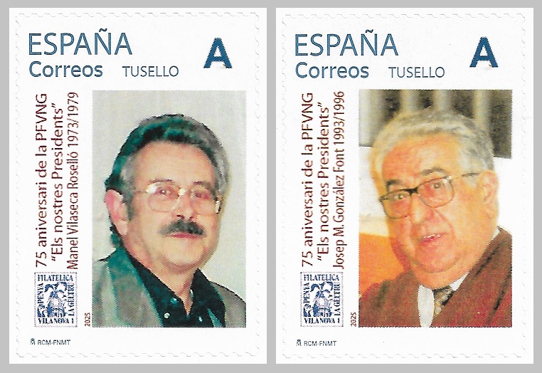 La Penya Filatèlica de Vilanova dedica nous segells personalitzats als expresidents Manel Vilaseca i Josep M. González en el camí cap al 75è aniversar