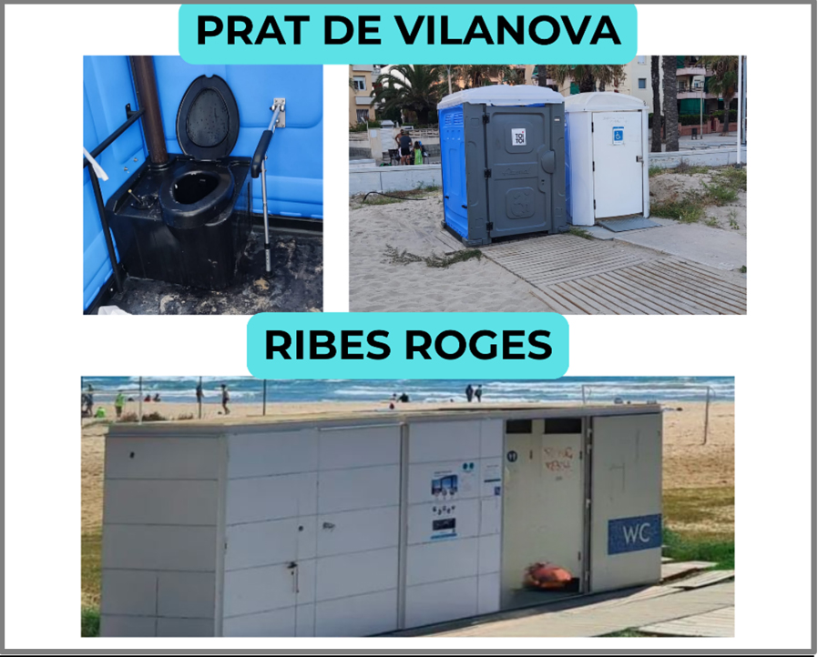 Lavabos a la platja del Prat de Vilanova i a Ribes Roges. Eix