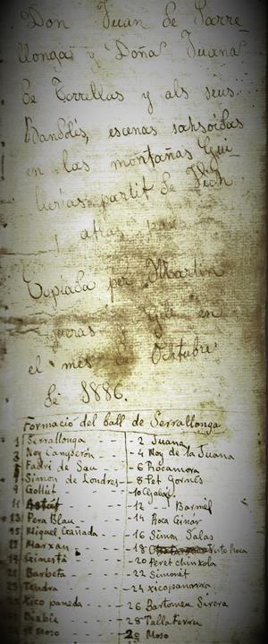 Primera pàgina del manuscrit del Ball de Serrallonga del Vell Saquetes. IEP