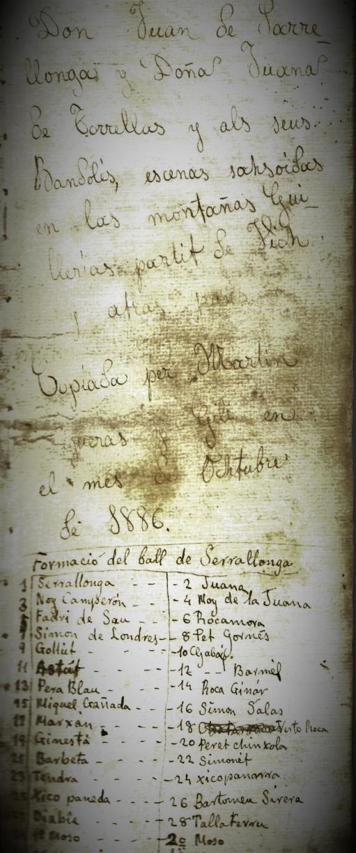 Primera pàgina del manuscrit del Ball de Serrallonga del Vell Saquetes. IEP