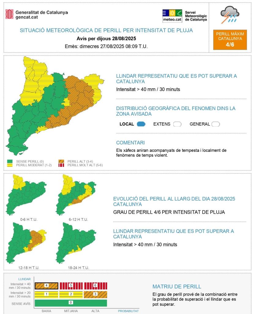 Protecció Civil alerta d’un elevat risc de pluges intenses aquest dijous al litoral i prelitoral central i nord. EIX