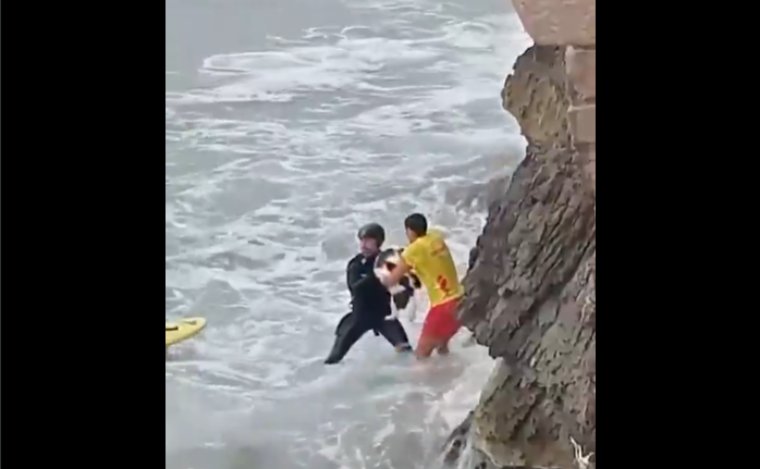 Rescat d’un gos atrapat a les roques de la platja de Sant Sebastià de Sitges. Mossos d'Esquadra