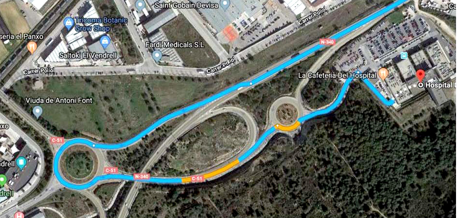 Ruta venint des de Barcelona per arribar a l'Hospital del Vendrell. Eix