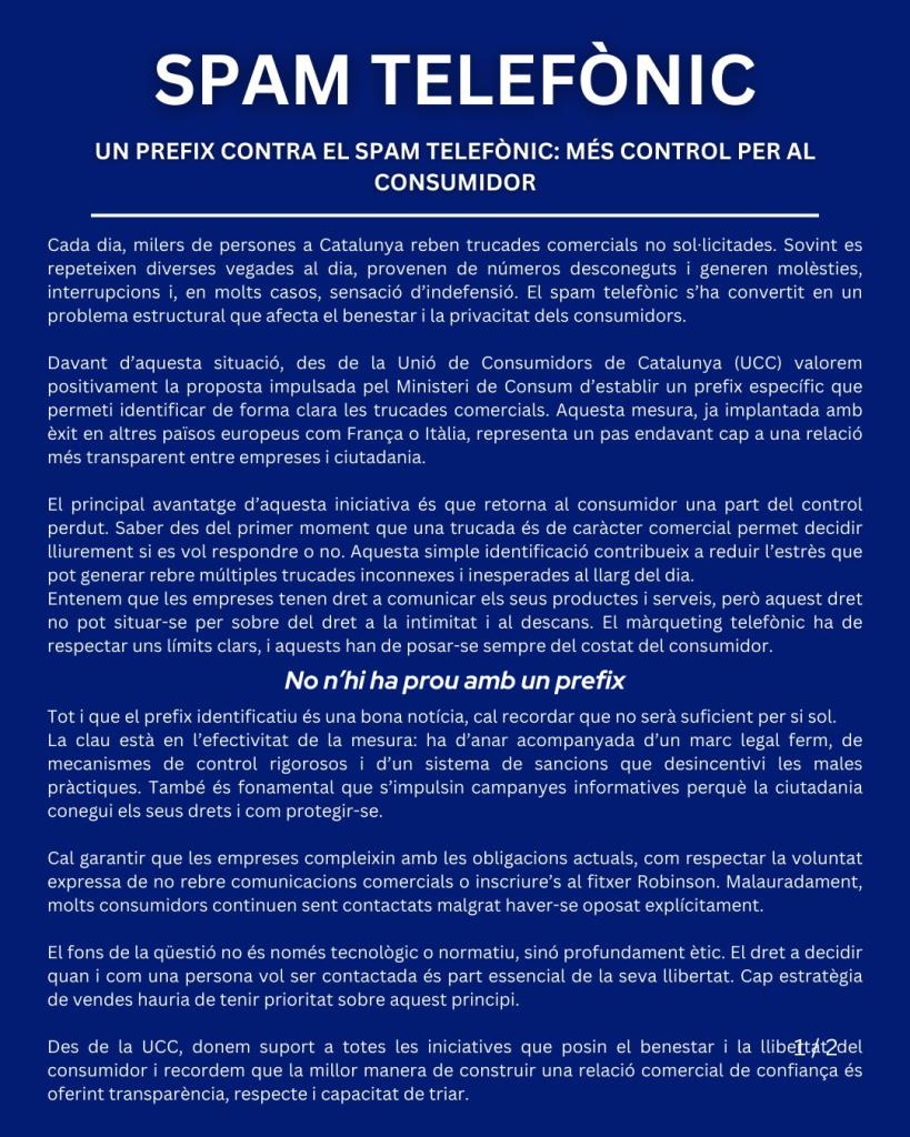 Un prefix per identificar el spam telefònic: la UCC celebra la mesura i reclama més garanties per als consumidors. EIX