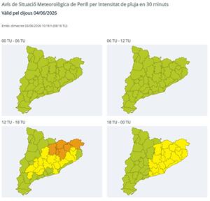 Alerta INUNCAT per pluges intenses dijous a la tarda a gran part de Catalunya. EIX