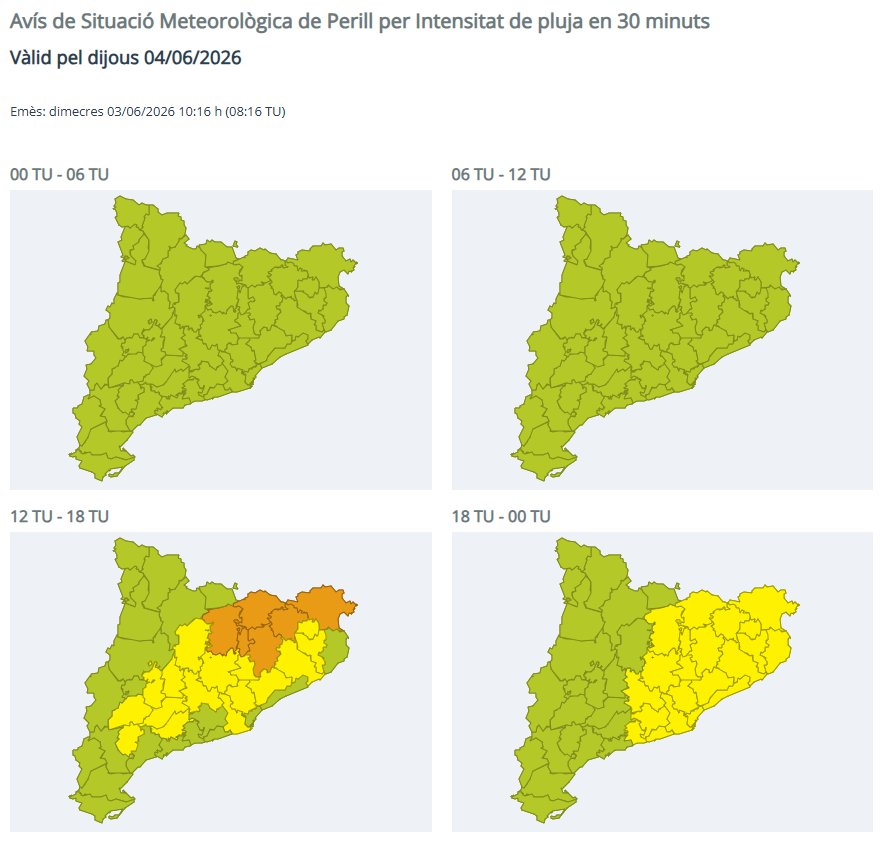 Alerta INUNCAT per pluges intenses dijous a la tarda a gran part de Catalunya. EIX