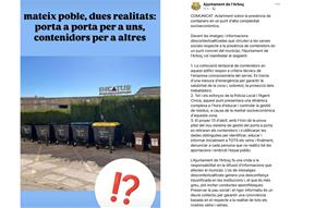 Captures de pantalla del missatge d'Alternativa per l’Arboç i el comunicat de l'Ajuntament. Eix