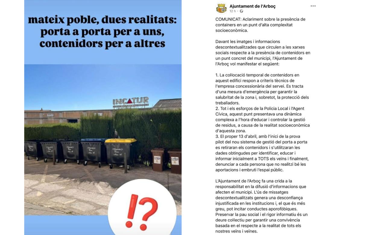 Captures de pantalla del missatge d'Alternativa per l’Arboç i el comunicat de l'Ajuntament. Eix
