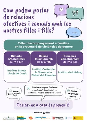 El Baix Penedès organitza tres tallers per ajudar les famílies a prevenir les violències de gènere entre adolescents. EIX