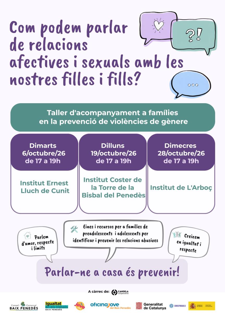 El Baix Penedès organitza tres tallers per ajudar les famílies a prevenir les violències de gènere entre adolescents. EIX