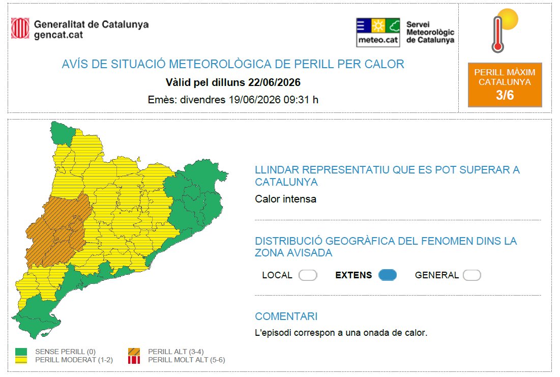 El Meteocat activa el primer avís per calor de l’any amb una possible onada entre diumenge i dimarts. Meteocat