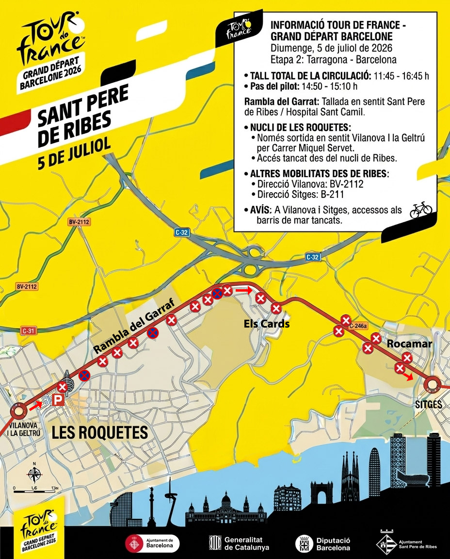 El Tour de França passarà per la Rambla del Garraf i provocarà afectacions de trànsit a Sant Pere de Ribes. EIX