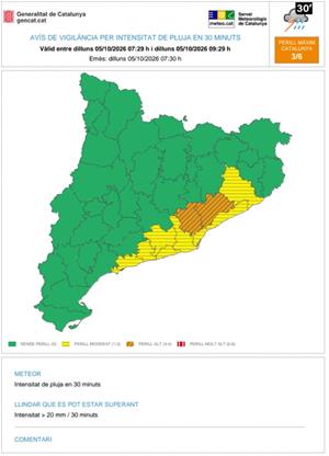 ES-Alert per pluges torrencials al Barcelonès, Baix Llobregat, Vallès Occidental, Maresme, Selva, Alt Penedès i Garraf. EIX