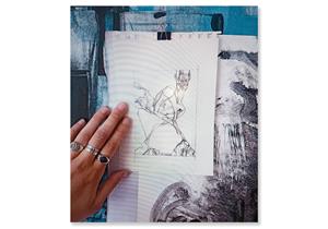 Exlibris en esbós i la mà de Myra Kopcha. Eix