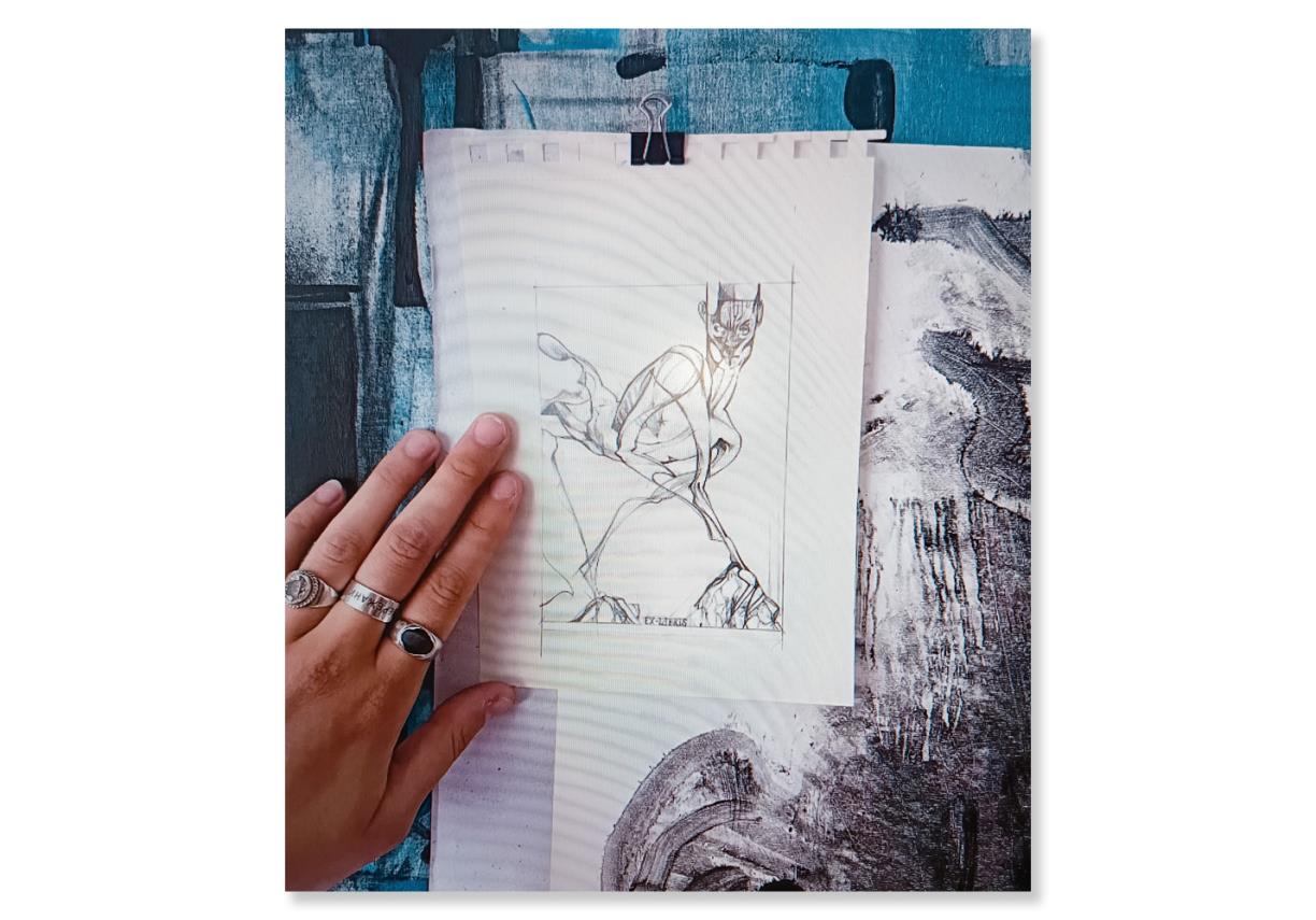 Exlibris en esbós i la mà de Myra Kopcha. Eix