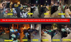 Illes de contenidors de brossa del Vendrell entre les 22:45 i les 23:30 del 11 d'octubre. Xarxa Vendrellenca