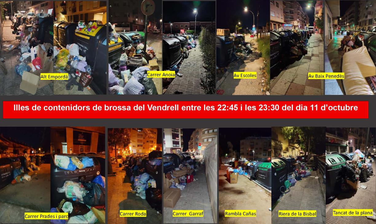 Illes de contenidors de brossa del Vendrell entre les 22:45 i les 23:30 del 11 d'octubre. Xarxa Vendrellenca