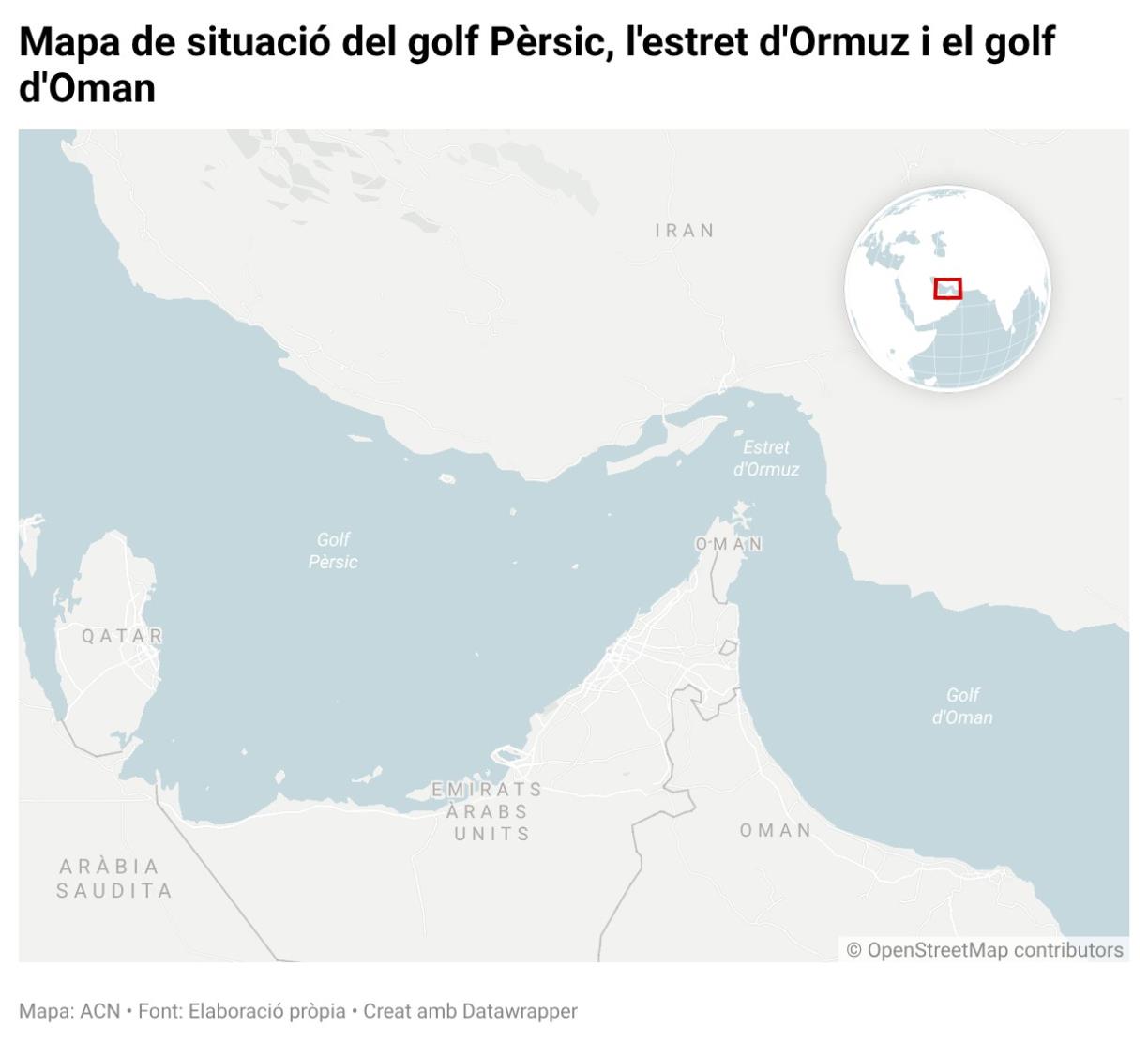 Mapa de situació del golf Pèrsic, de l'estret d'Ormuz i del golf d'Oman. ACN