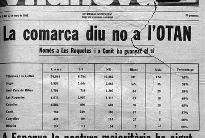Portada del 13 de març de 1986 "La comarca diu no a l'OTAN". Arxiu Comarcal del Garraf/ Diari de Vilanova