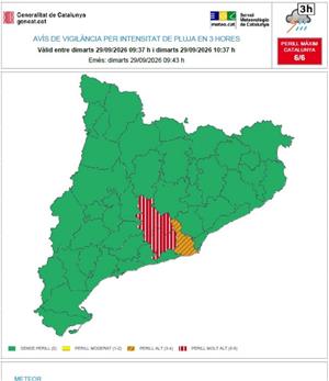 Protecció Civil demana no sortir les pròximes tres hores al Baix Llobregat, l'Anoia i l'Alt Penedès per les pluges. EIX