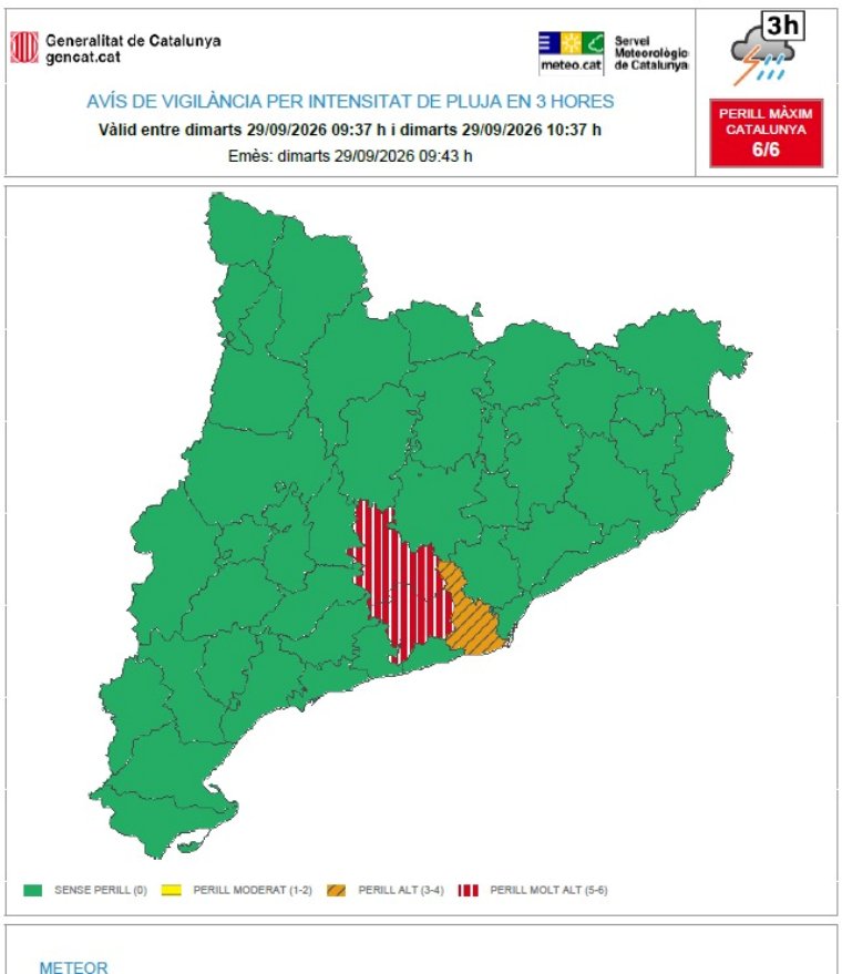Protecció Civil demana no sortir les pròximes tres hores al Baix Llobregat, l'Anoia i l'Alt Penedès per les pluges. EIX